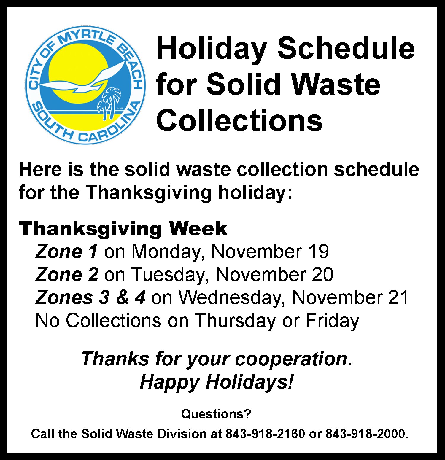 Solid Waste Holiday ad 2018 Thanksgiving only